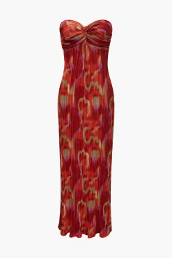 Abstract Print Plisse Strapless Maxi Dress