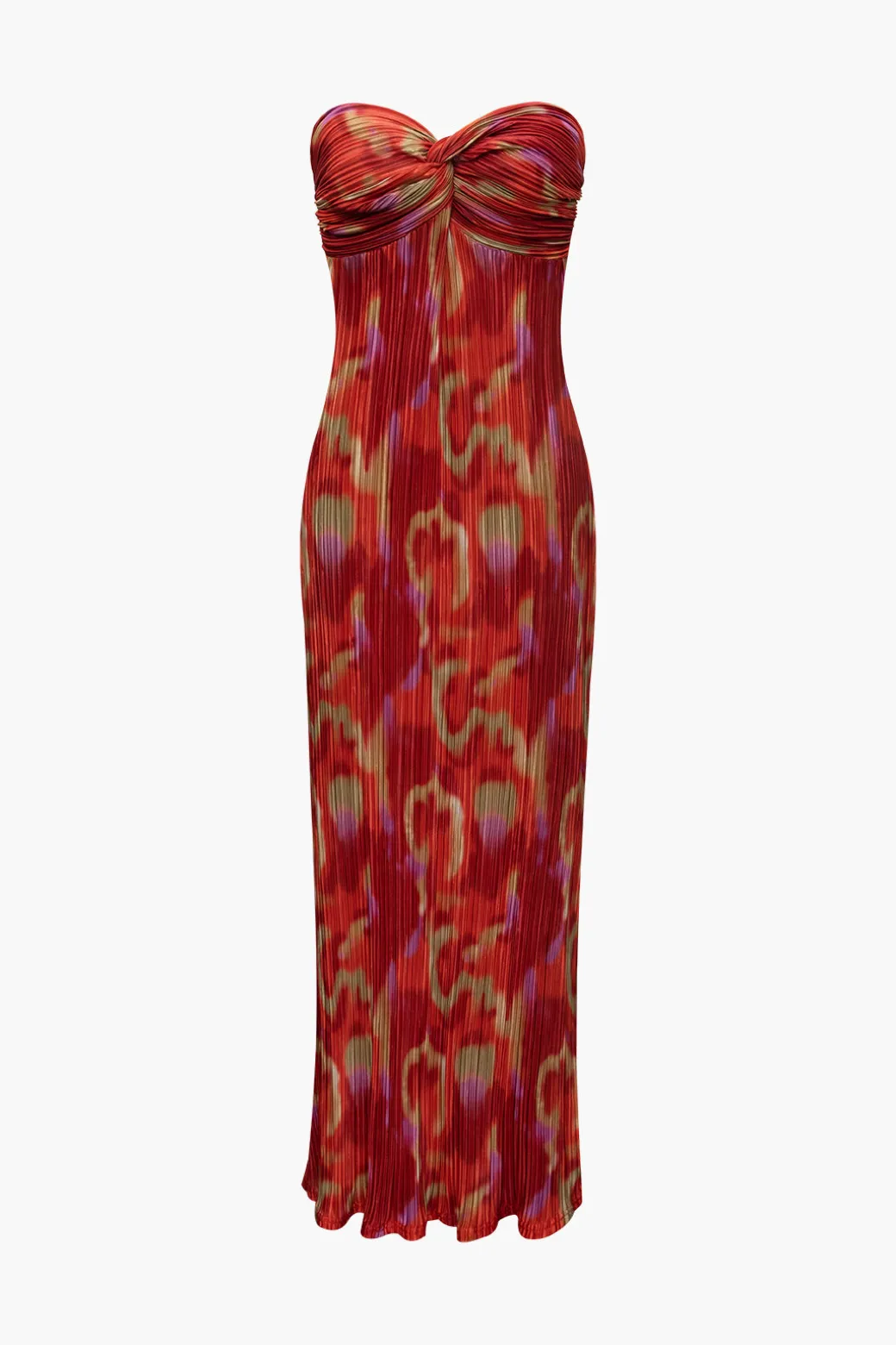 Abstract Print Plisse Strapless Maxi Dress