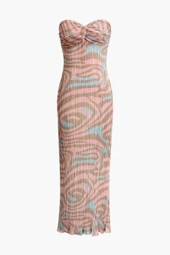 Abstract Print Plisse Strapless Maxi Dress
