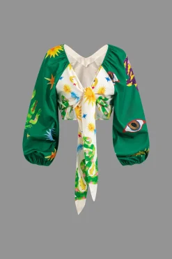 Abstract Print Puff Sleeve Two-Piece Shorts Set