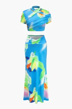 Abstract Print Ruched Round Neck Skirt Set