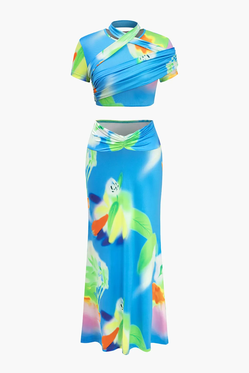 Abstract Print Ruched Round Neck Skirt Set