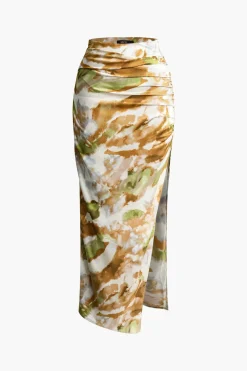 Abstract Print Ruched Split Maxi Skirt