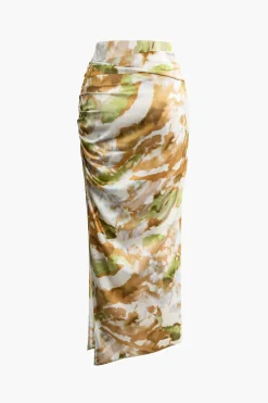 Abstract Print Ruched Split Maxi Skirt