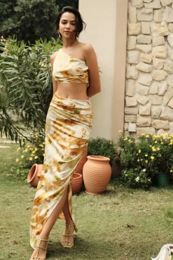 Abstract Print Ruched Split Maxi Skirt