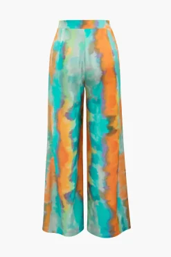 Abstract Print Satin Tie Waist Wide Leg Pants