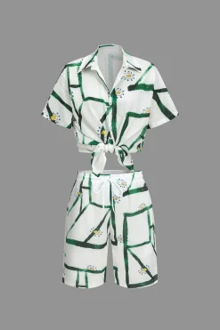 Abstract Print Shirt And Drawstring Shorts Set