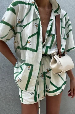 Abstract Print Shirt And Drawstring Shorts Set