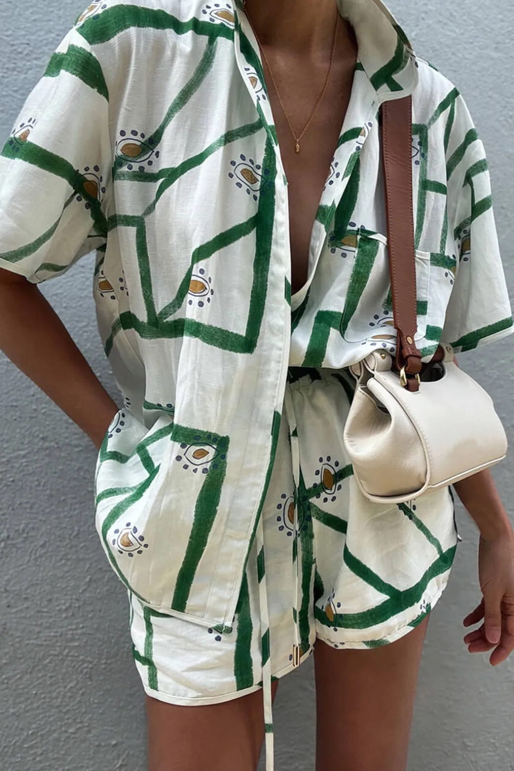 Abstract Print Shirt And Drawstring Shorts Set