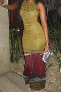 Abstract Print Sleeveless Backless Slit Maxi Dress