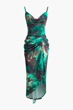 Abstract Print Spaghetti Strap Ruched Side Slit Midi Dress
