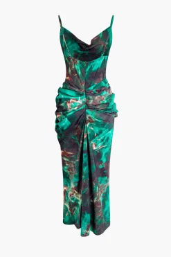Abstract Print Spaghetti Strap Ruched Side Slit Midi Dress