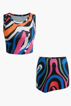 Abstract Print Tank Top And Asymmetric Skirt Set