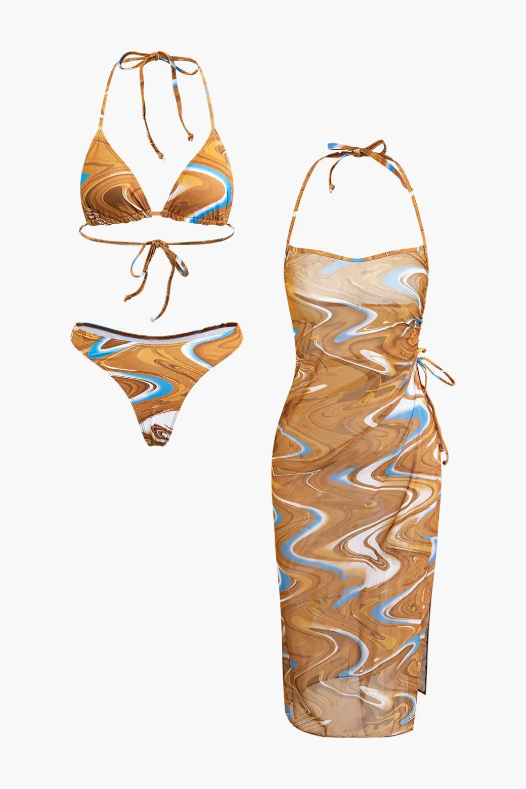 Abstract Print Tie Halter Bikini And Slit Midi Dress Swimsuit Set