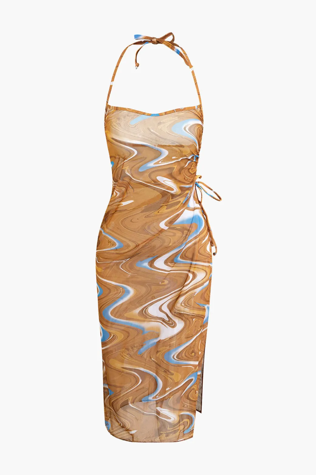 Abstract Print Tie Halter Bikini And Slit Midi Dress Swimsuit Set