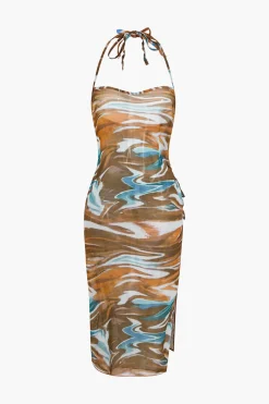 Abstract Print Tie Halter Bikini And Slit Midi Dress Swimsuit Set