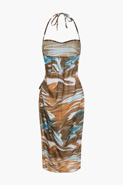 Abstract Print Tie Halter Bikini And Slit Midi Dress Swimsuit Set