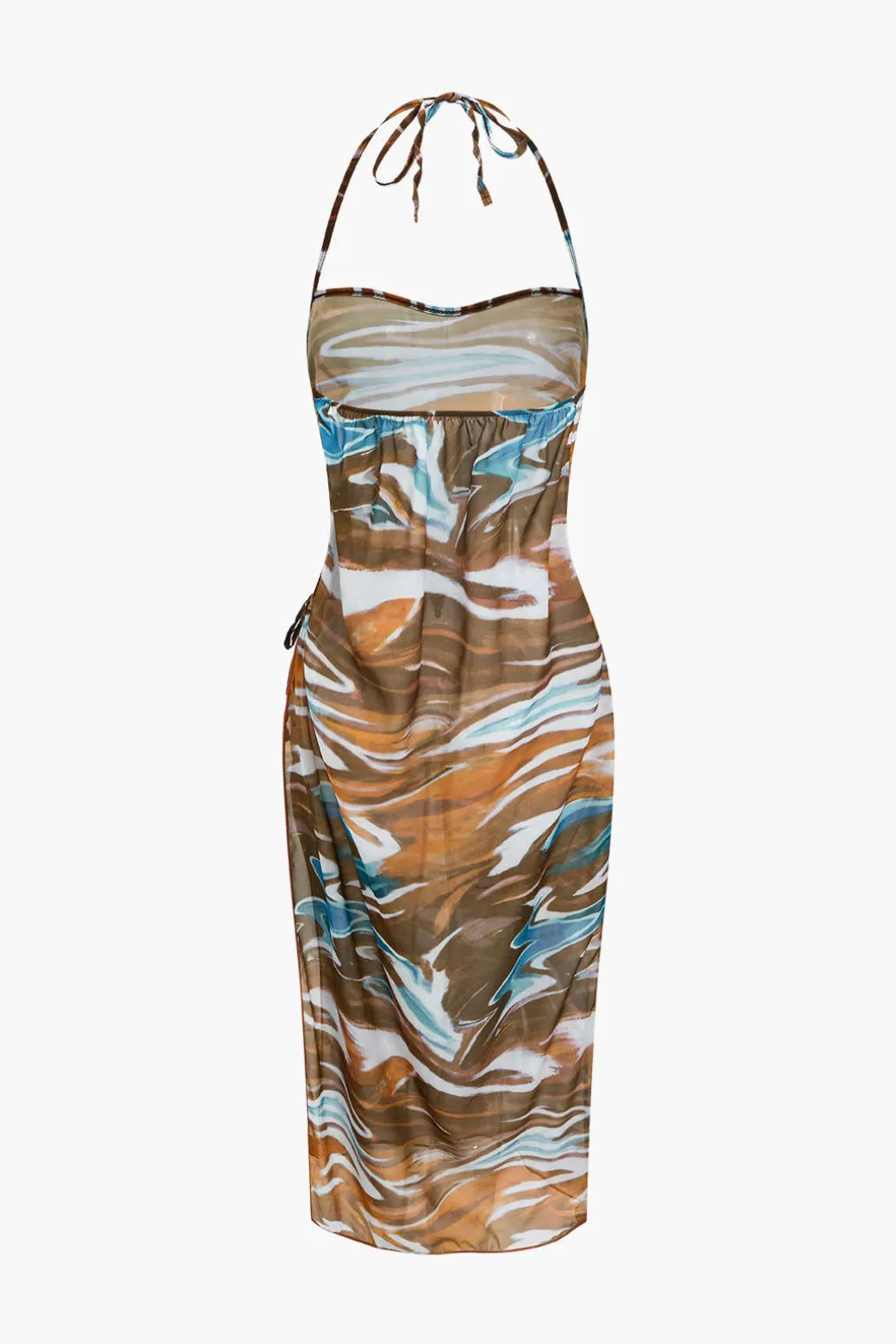 Abstract Print Tie Halter Bikini And Slit Midi Dress Swimsuit Set