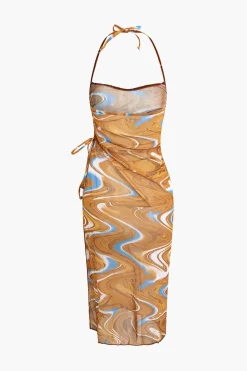 Abstract Print Tie Halter Bikini And Slit Midi Dress Swimsuit Set