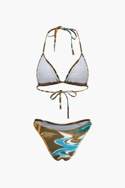 Abstract Print Tie Halter Bikini And Slit Midi Dress Swimsuit Set