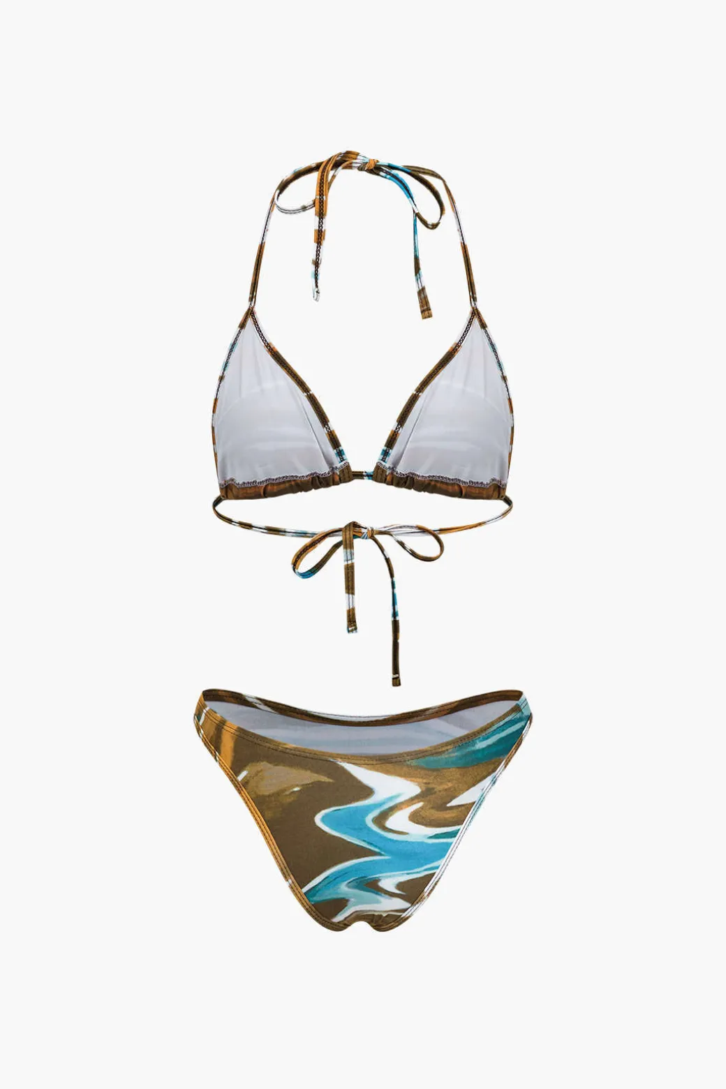 Abstract Print Tie Halter Bikini And Slit Midi Dress Swimsuit Set