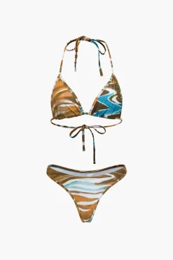 Abstract Print Tie Halter Bikini And Slit Midi Dress Swimsuit Set