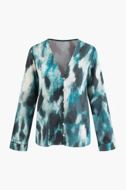 Abstract Print V-neck Button Up Shirt
