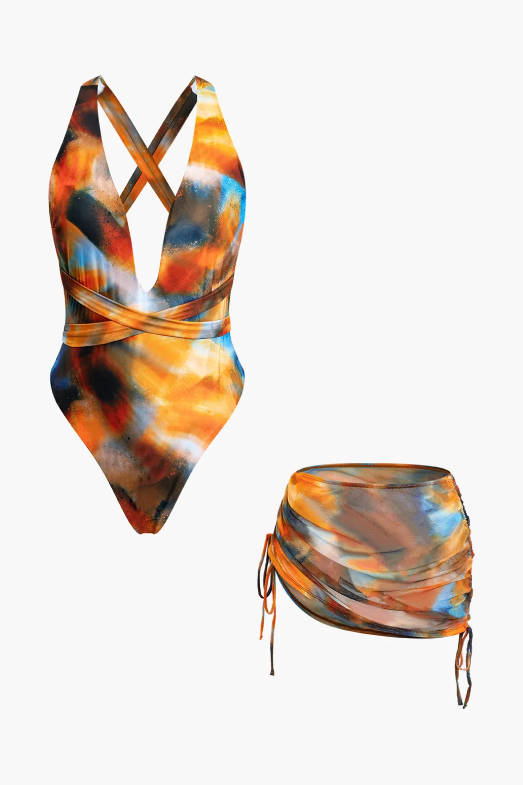 Abstract Print V-neck Cross Back Tie Swimsuit And Mesh Mini Sarong Skirt Set