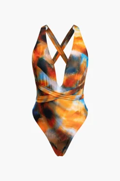 Abstract Print V-neck Cross Back Tie Swimsuit And Mesh Mini Sarong Skirt Set