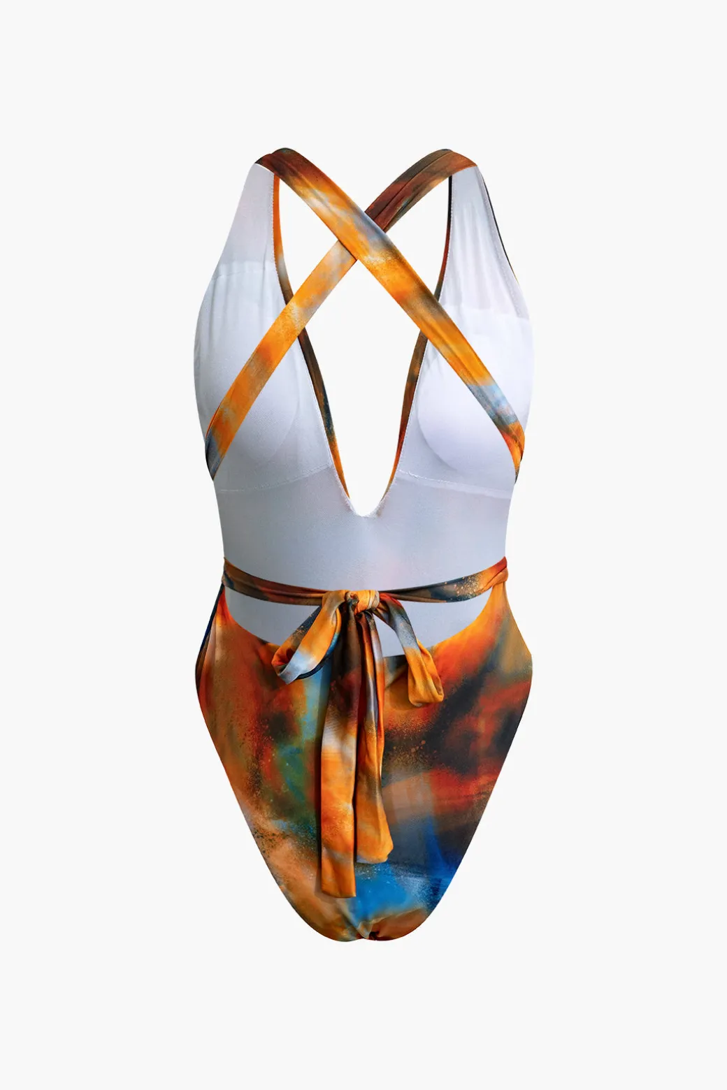 Abstract Print V-neck Cross Back Tie Swimsuit And Mesh Mini Sarong Skirt Set