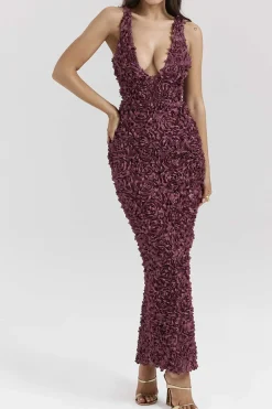 Appliques V-neck Slit Maxi Dress
