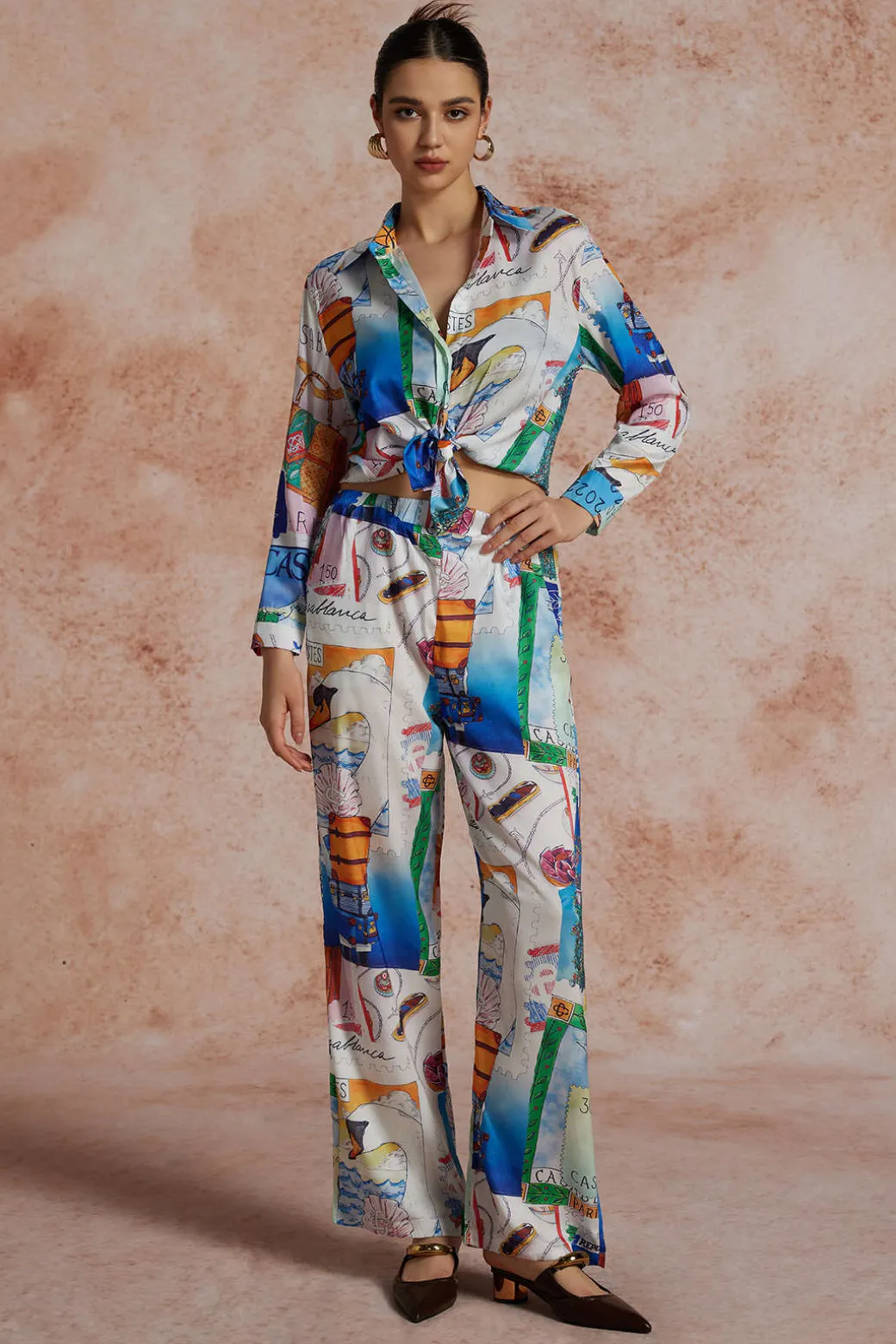 Artistic Print Wide Leg Trousers