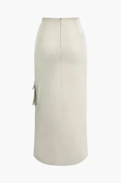 Asymmetric Belted Flap Pocket Split Maxi Skirt