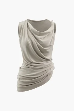 Asymmetric Cowl Neck Ruched Tank Top