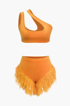 Asymmetric Crop Top And Fringe Shorts Set