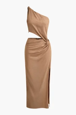 Asymmetric Cut Out Ruched Twist Slit Maxi Dress