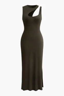 Asymmetric Cut Out Sleeveless Slit Midi Dress