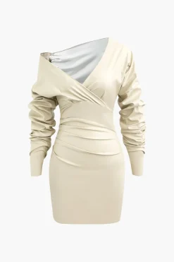 Asymmetric Faux Leather V-neck Gathered Mini Dress