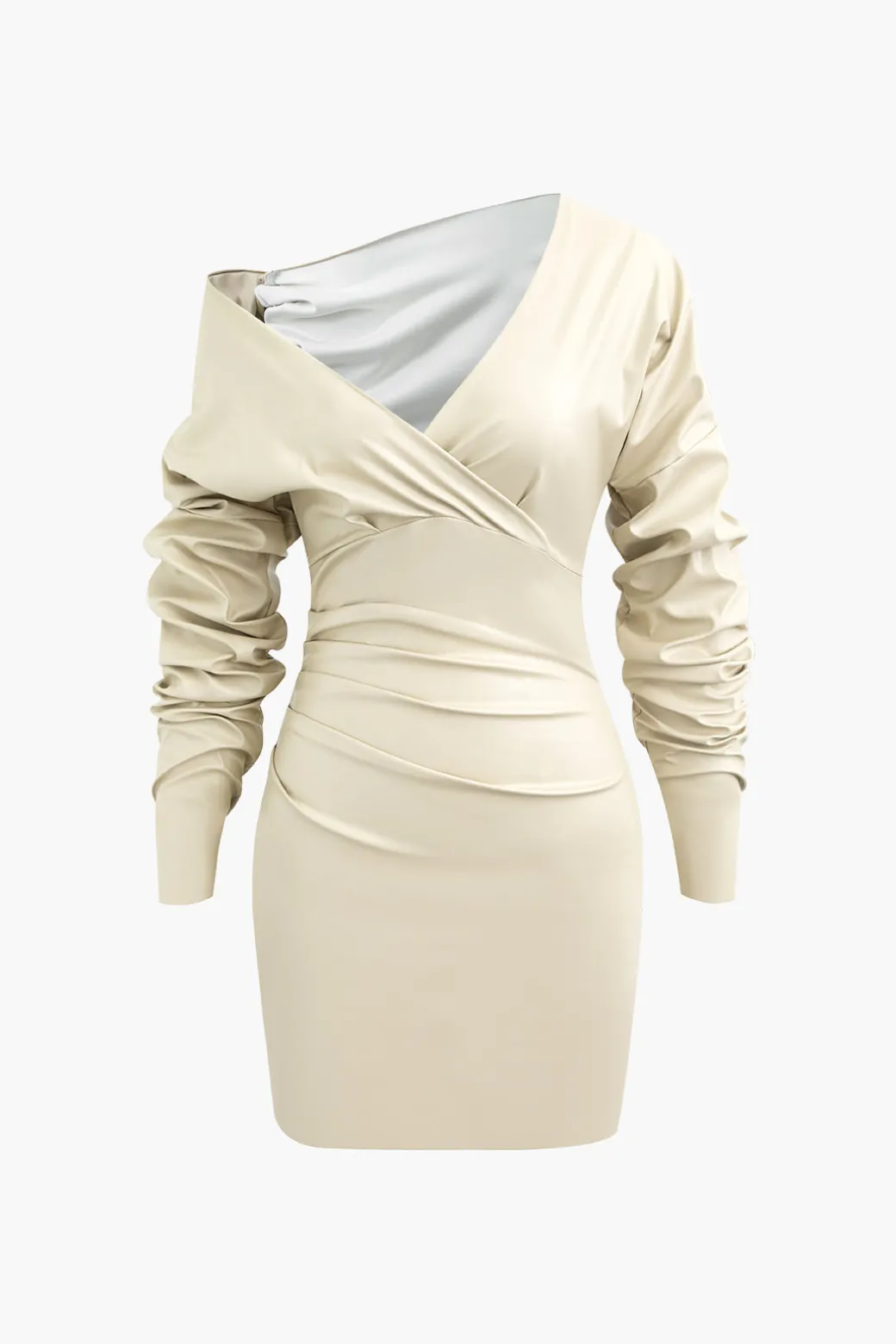 Asymmetric Faux Leather V-neck Gathered Mini Dress