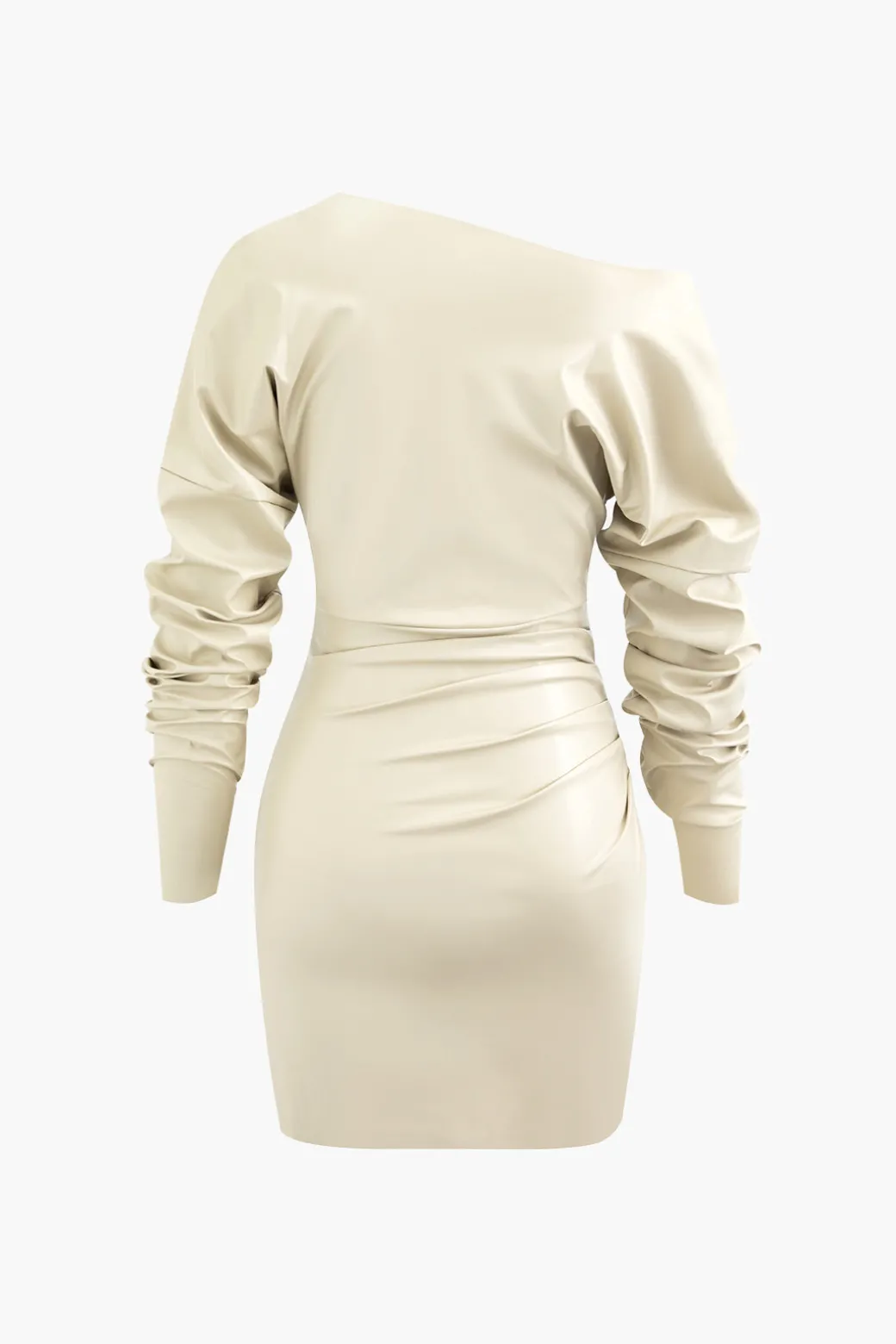 Asymmetric Faux Leather V-neck Gathered Mini Dress