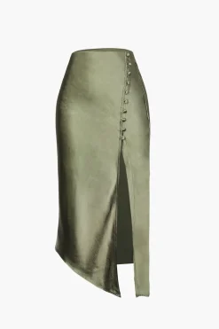 Asymmetric Hem Slit Button Deco Skirt