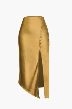 Asymmetric Hem Slit Button Deco Skirt