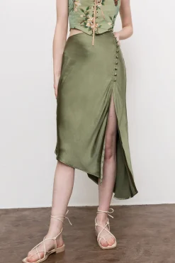 Asymmetric Hem Slit Button Deco Skirt