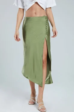 Asymmetric Hem Slit Button Deco Skirt