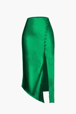 Asymmetric Hem Slit Button Deco Skirt