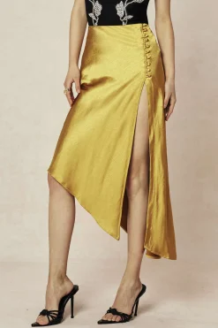 Asymmetric Hem Slit Button Deco Skirt