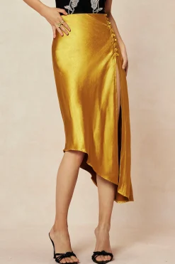 Asymmetric Hem Slit Button Deco Skirt