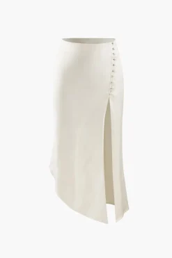Asymmetric Hem Slit Button Deco Skirt