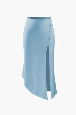 Asymmetric Hem Slit Button Deco Skirt