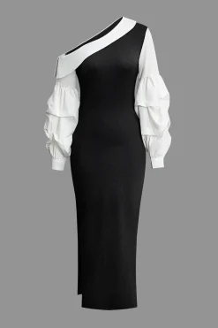 Asymmetric Lantern Sleeve Slit Midi Dress